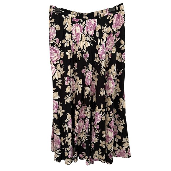 Chaps Black Floral Midi Skirt With Lav & Beige Roses Elastic Waist Size Med - Picture 1 of 7